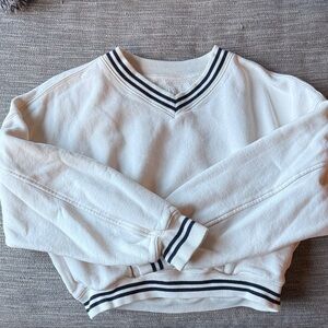 Abercrombie & Fitch Cream V-Neck Sweater with Dark Navy Stripes